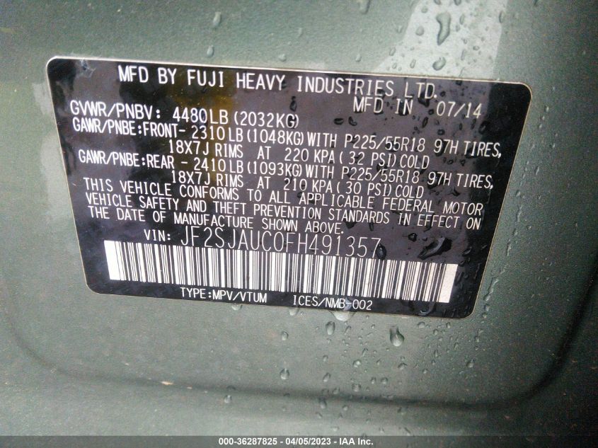 2015 SUBARU FORESTER 2.5I TOURING - JF2SJAUC0FH491357