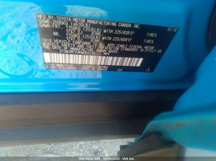 2019 TOYOTA RAV4 XLE - 2T3W1RFV3KW004315