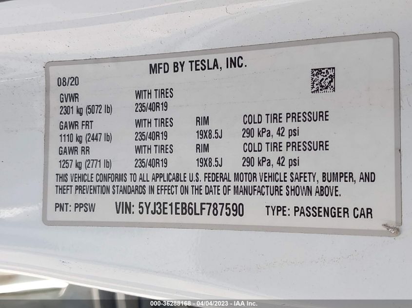 2020 TESLA MODEL 3 LONG RANGE - 5YJ3E1EB6LF787590