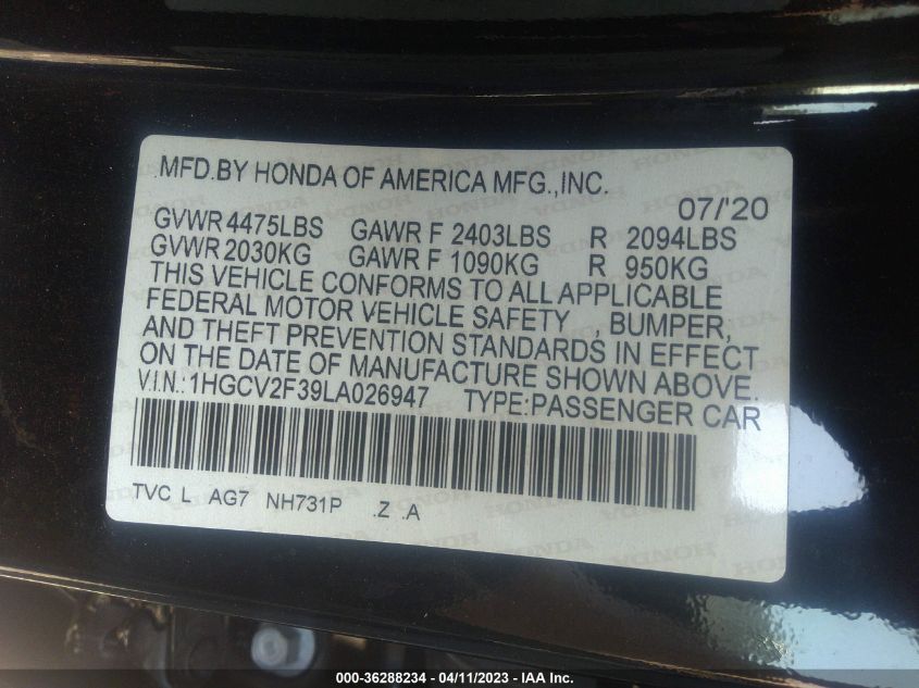 2020 HONDA ACCORD SEDAN SPORT - 1HGCV2F39LA026947