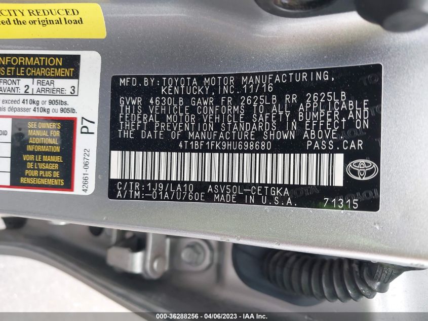 2017 TOYOTA CAMRY XLE/SE/LE/XSE - 4T1BF1FK9HU698680