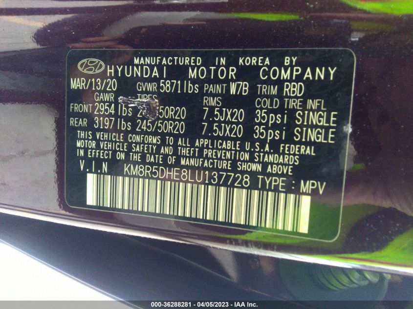 2020 HYUNDAI PALISADE LIMITED - KM8R5DHE8LU137728
