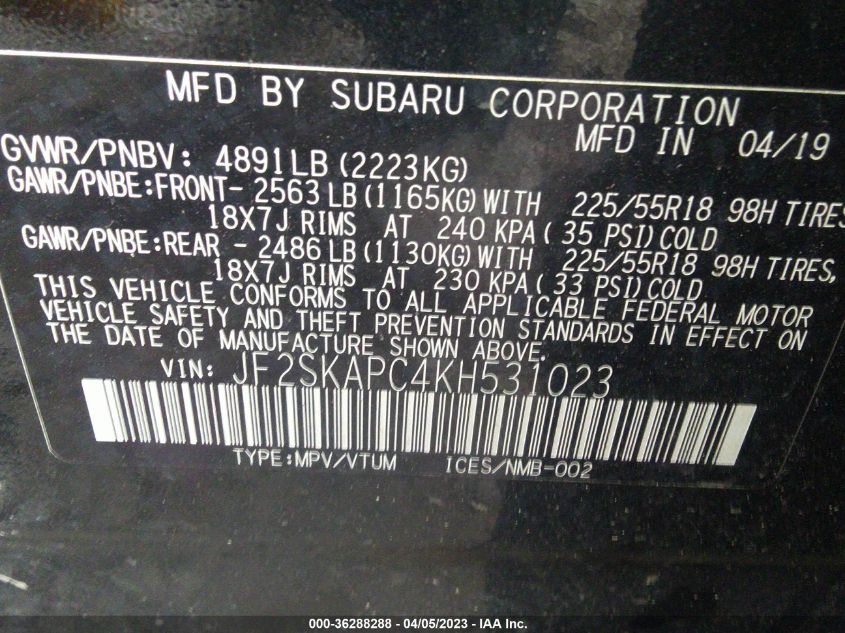 2019 SUBARU FORESTER SPORT - JF2SKAPC4KH531023