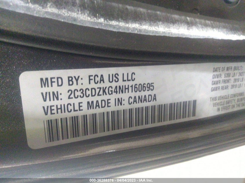 VIN 2C3CDZKG4NH160695 2022 DODGE CHALLENGER GT