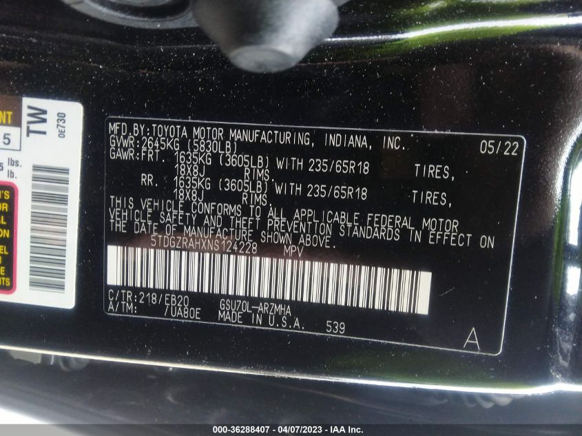 2022 TOYOTA HIGHLANDER XLE - 5TDGZRAHXNS124228