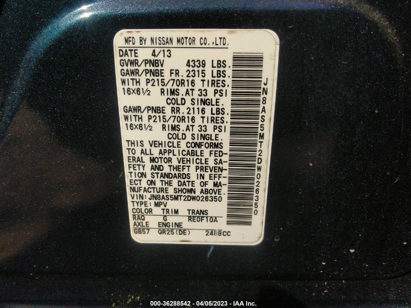 2013 NISSAN ROGUE S - JN8AS5MT2DW026350