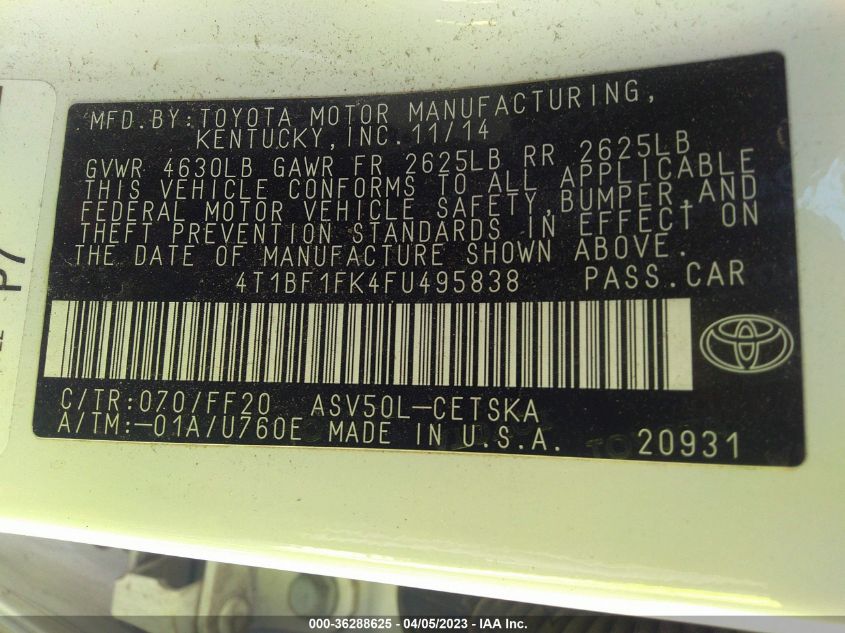 2015 TOYOTA CAMRY XLE/SE/LE/XSE - 4T1BF1FK4FU495838