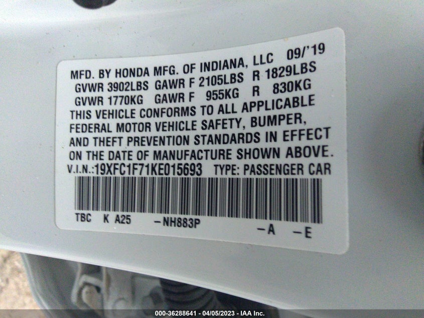 VIN 19XFC1F71KE015693 2019 HONDA CIVIC SEDAN EX-L