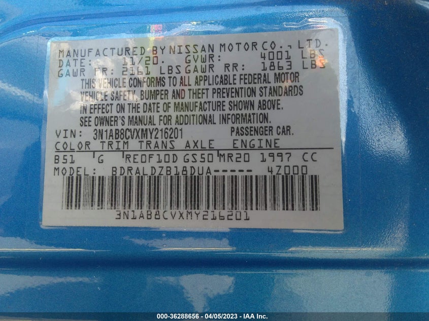 VIN 3N1AB8CVXMY216201 2021 NISSAN SENTRA SV