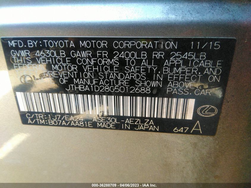 2016 LEXUS IS 200T JTHBA1D28G5012688