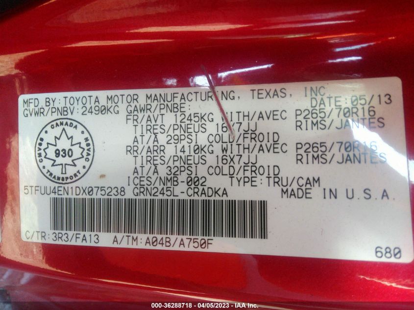 2013 TOYOTA TACOMA - 5TFUU4EN1DX075238