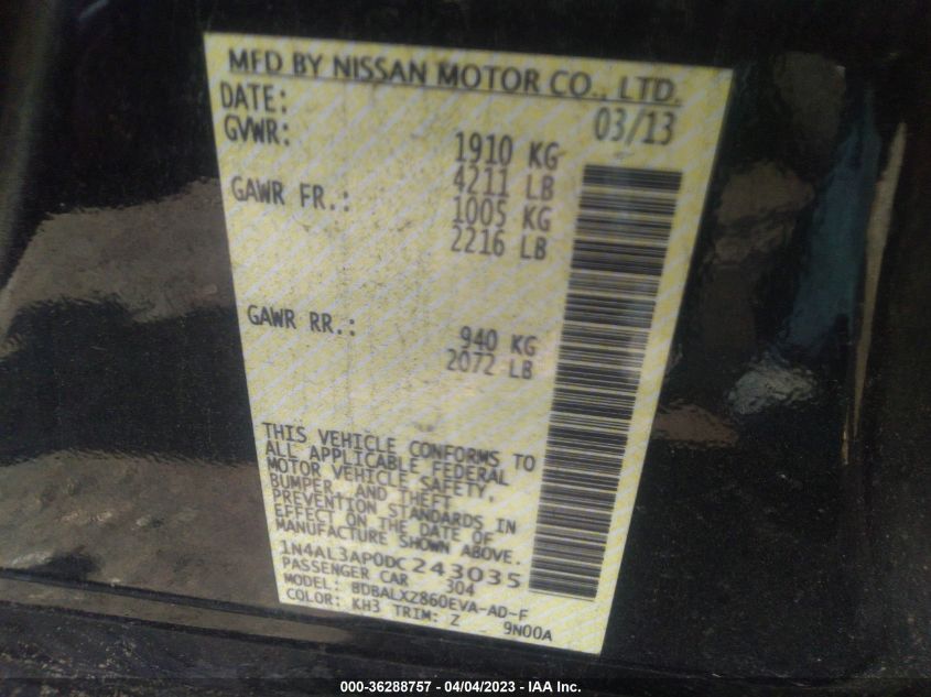 2013 NISSAN ALTIMA 2.5 SL - 1N4AL3AP0DC243035