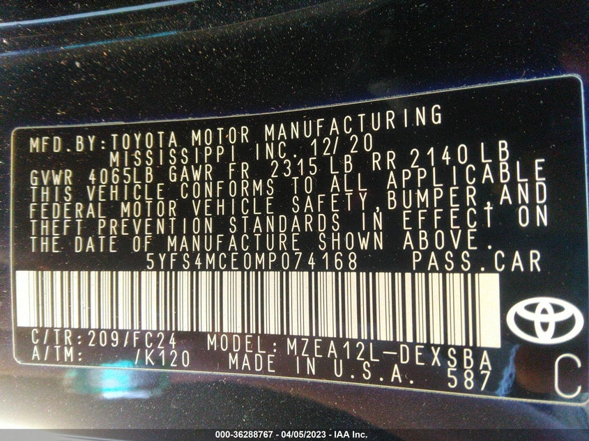 VIN 5YFS4MCE0MP074168 2021 TOYOTA COROLLA SE/NIGHTSHADE/APEX SE