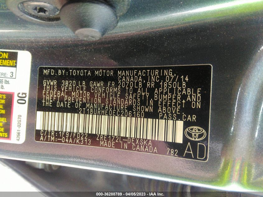 2014 TOYOTA COROLLA S - 2T1BURHE0EC206160