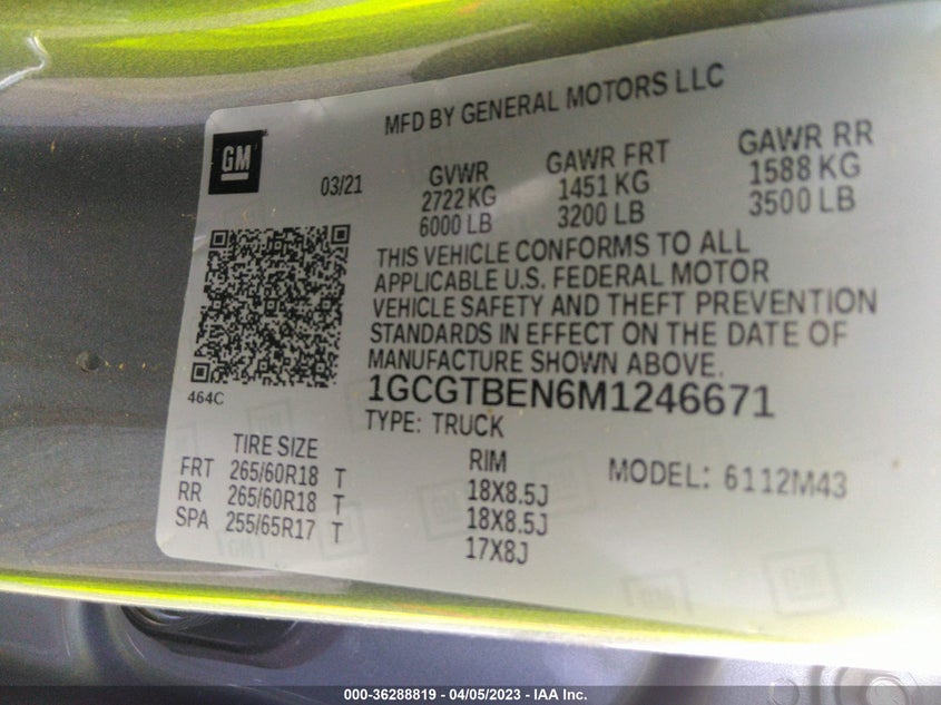VIN 1GCGTBEN6M1246671 2021 CHEVROLET COLORADO 4WD WORK TRUCK