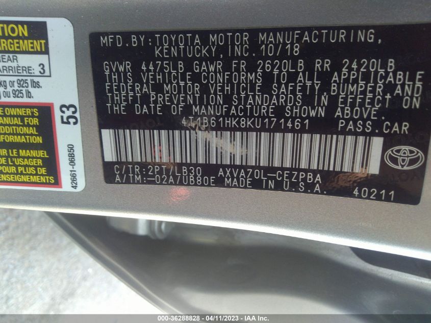 2019 TOYOTA CAMRY XSE - 4T1B61HK8KU171461
