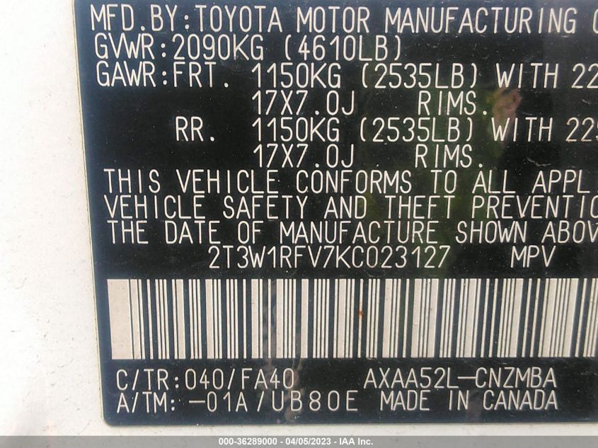 2019 TOYOTA RAV4 XLE - 2T3W1RFV7KC023127