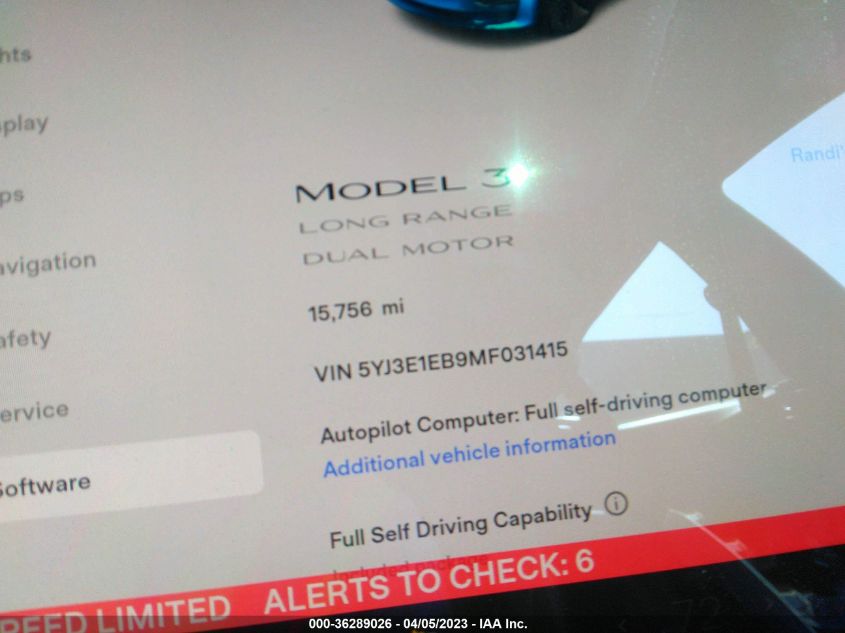 2021 TESLA MODEL 3 LONG RANGE - 5YJ3E1EB9MF031415