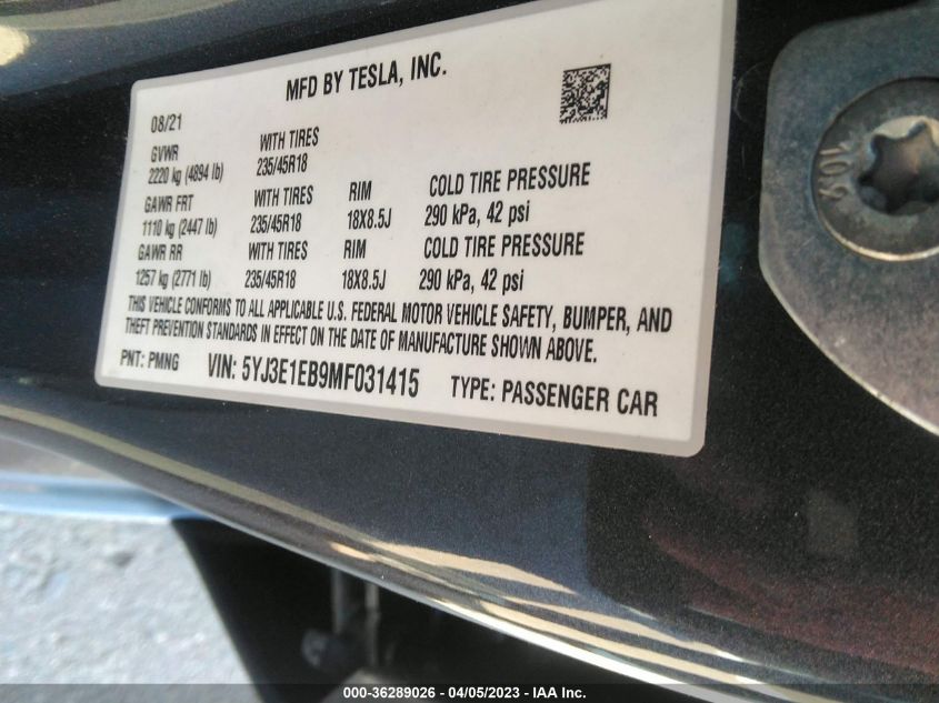 2021 TESLA MODEL 3 LONG RANGE - 5YJ3E1EB9MF031415