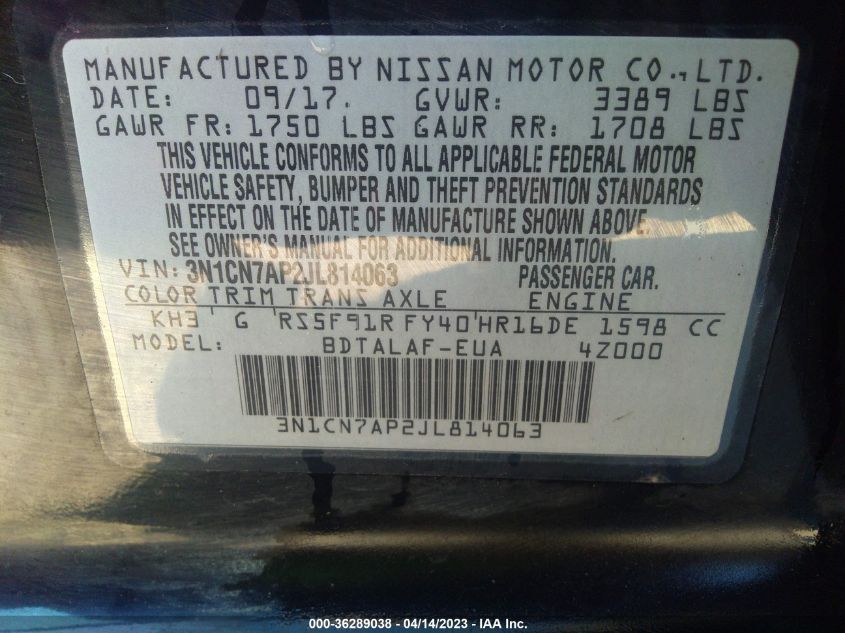 2018 NISSAN VERSA SEDAN S - 3N1CN7AP2JL814063