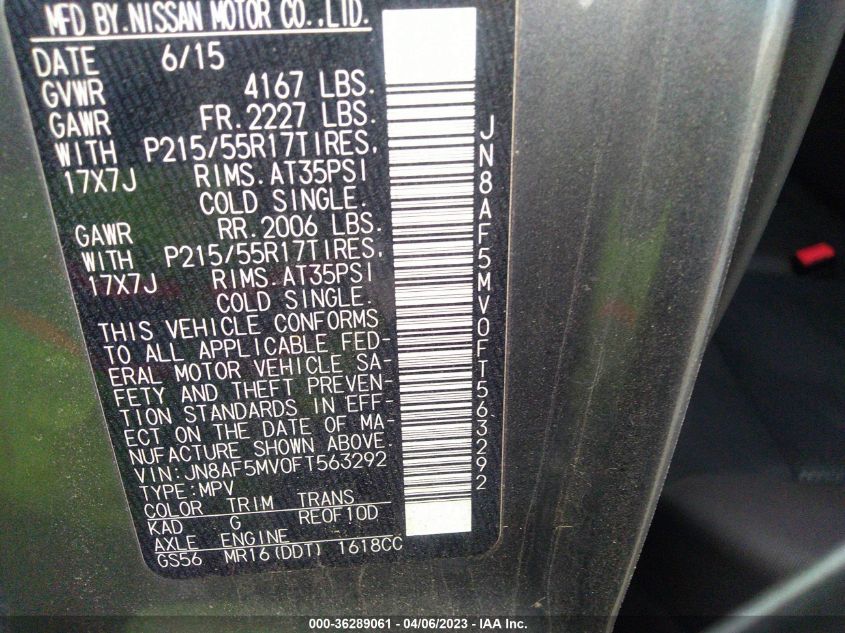 2015 NISSAN JUKE SV - JN8AF5MV0FT563292