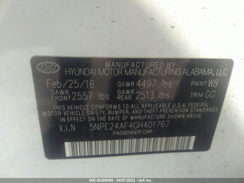 2016 HYUNDAI SONATA 2.4L - 5NPE24AF4GH401767