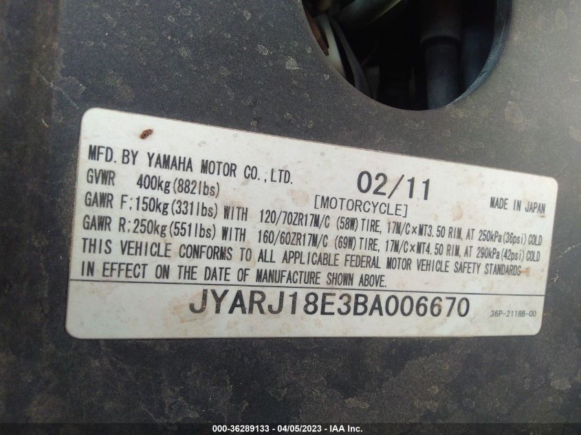 2011 YAMAHA FZ6 R - JYARJ18E3BA006670