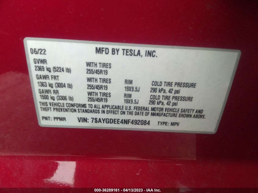 2022 TESLA MODEL Y LONG RANGE - 7SAYGDEE4NF492084