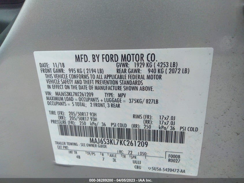 VIN MAJ6S3KL7KC261209 2019 FORD ECOSPORT TITANIUM