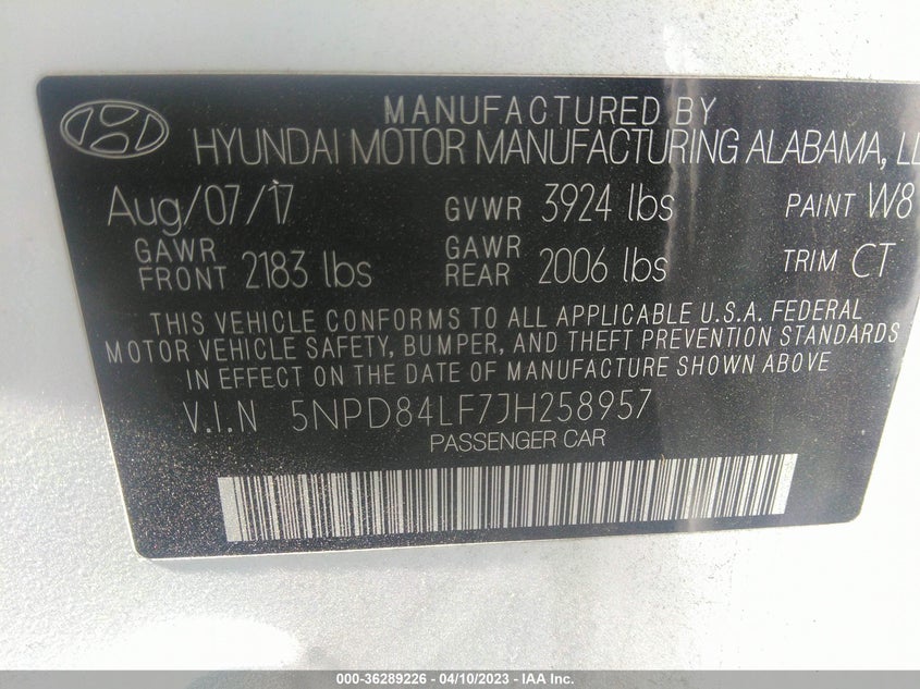 VIN 5NPD84LF7JH258957 2018 HYUNDAI ELANTRA SEL