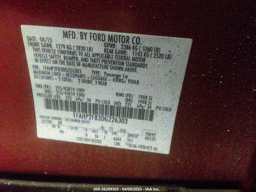 2013 FORD TAURUS LIMITED - 1FAHP2F83DG226303
