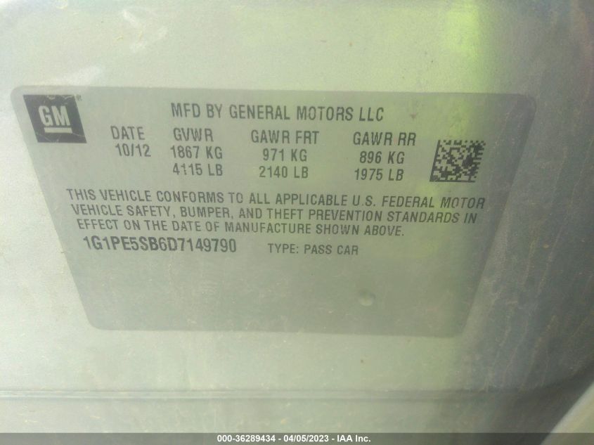 2013 CHEVROLET CRUZE 2LT - 1G1PE5SB6D7149790