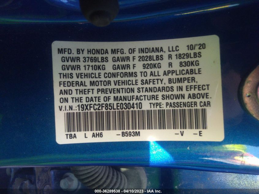 2020 HONDA CIVIC SEDAN SPORT - 19XFC2F85LE030410