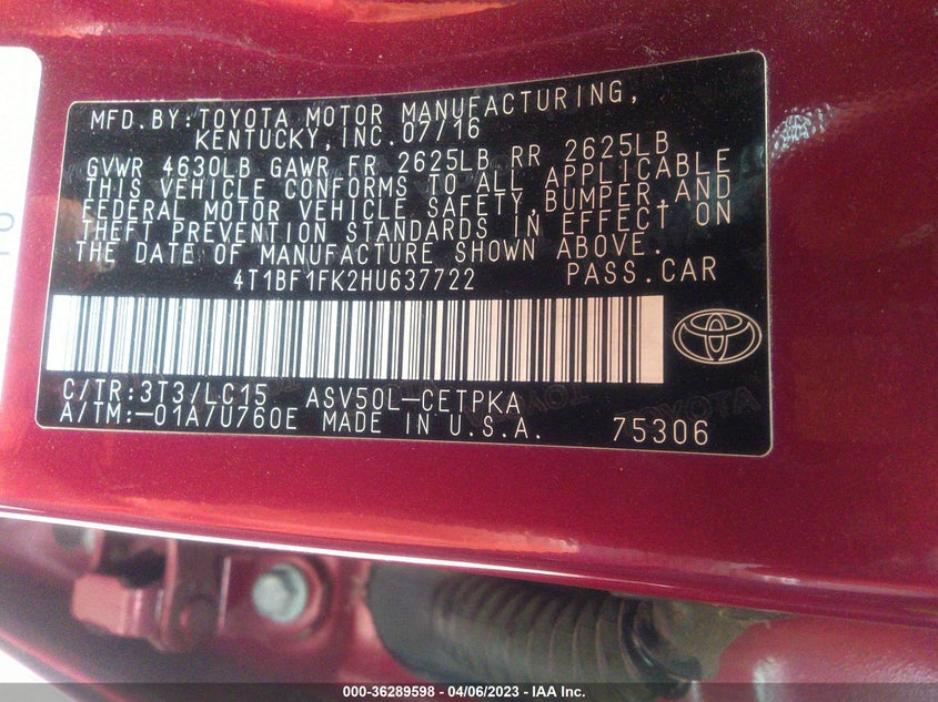 VIN 4T1BF1FK2HU637722 2017 TOYOTA CAMRY SE