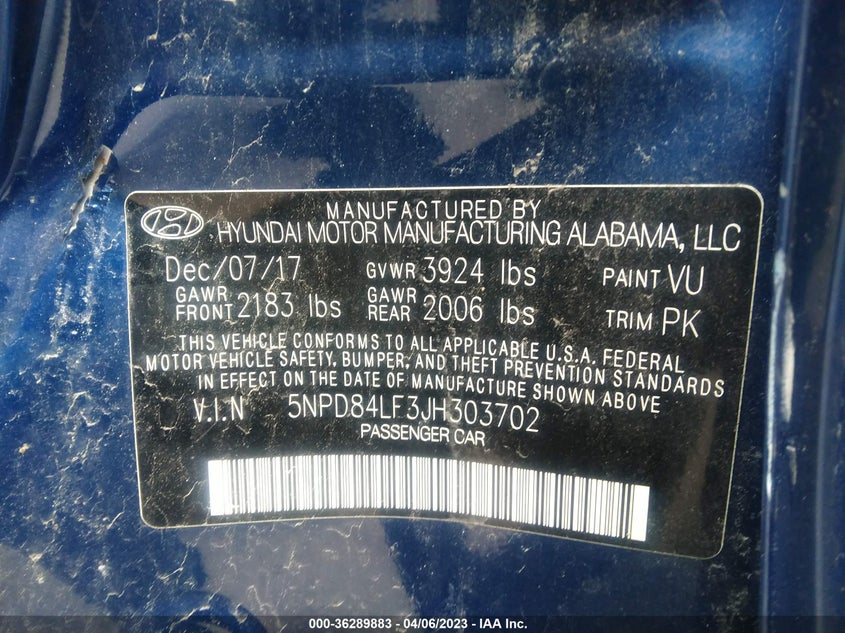 VIN 5NPD84LF3JH303702 2018 HYUNDAI ELANTRA SEL