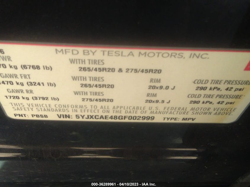 2016 TESLA MODEL X P90D/60D/P100D - 5YJXCAE48GF002999