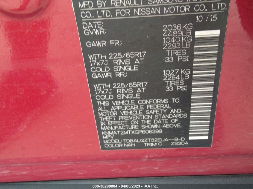 2016 NISSAN ROGUE SV - KNMAT2MTXGP606399