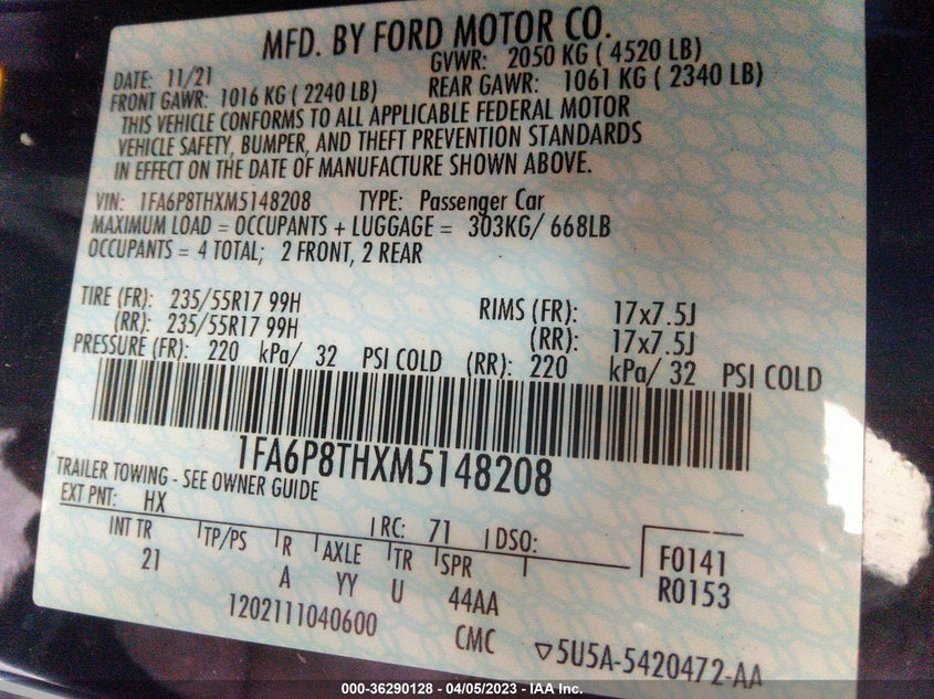 VIN 1FA6P8THXM5148208 2021 FORD MUSTANG ECOBOOST