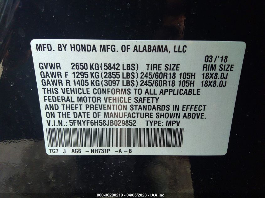 2018 HONDA PILOT EX-L - 5FNYF6H58JB029852