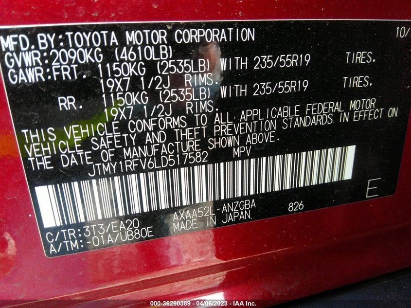 VIN JTMY1RFV6LD517582 2020 TOYOTA RAV4 LIMITED