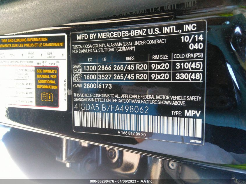 2015 MERCEDES-BENZ M-CLASS ML 350 - 4JGDA5JB7FA498062