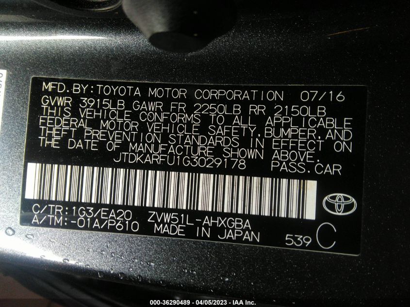 2016 TOYOTA PRIUS FOUR - JTDKARFU1G3029178