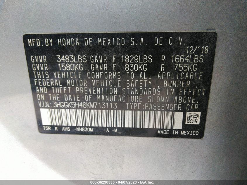 2019 HONDA FIT LX 3HGGK5H46KM713113