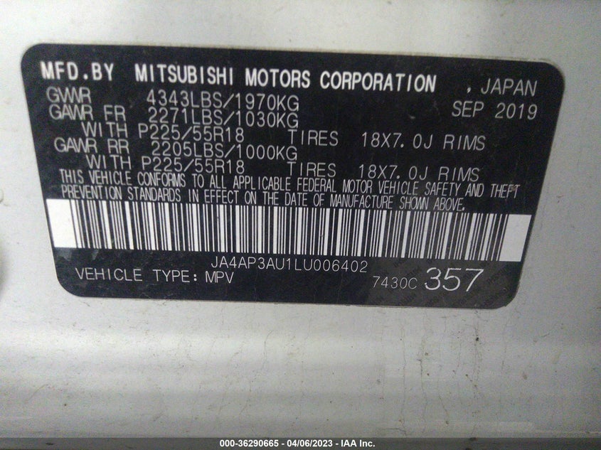 VIN JA4AP3AU1LU006402 2020 MITSUBISHI OUTLANDER SPORT ES 2.0/SP 2.0
