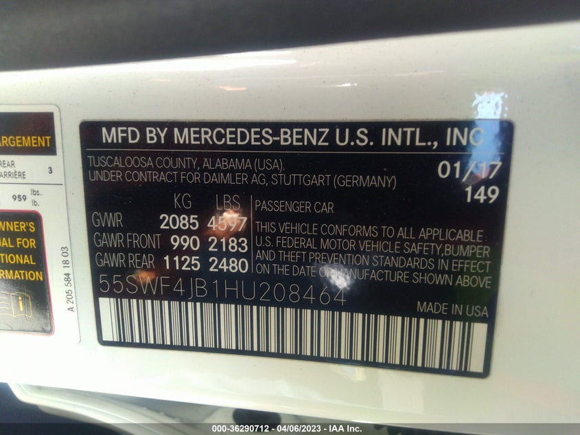 VIN 55SWF4JB1HU208464 2017 MERCEDES-BENZ C-CLASS C 300