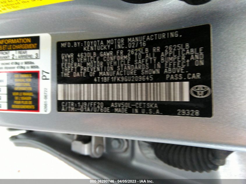 2016 TOYOTA CAMRY XLE/SE/LE/XSE - 4T1BF1FK9GU209645