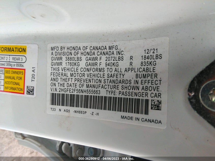 VIN 2HGFE2F56NH555663 2022 HONDA CIVIC SEDAN SPORT