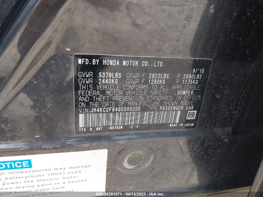 2016 ACURA RLX HYBRID ADVANCE PKG - JH4KC2F94GC000205