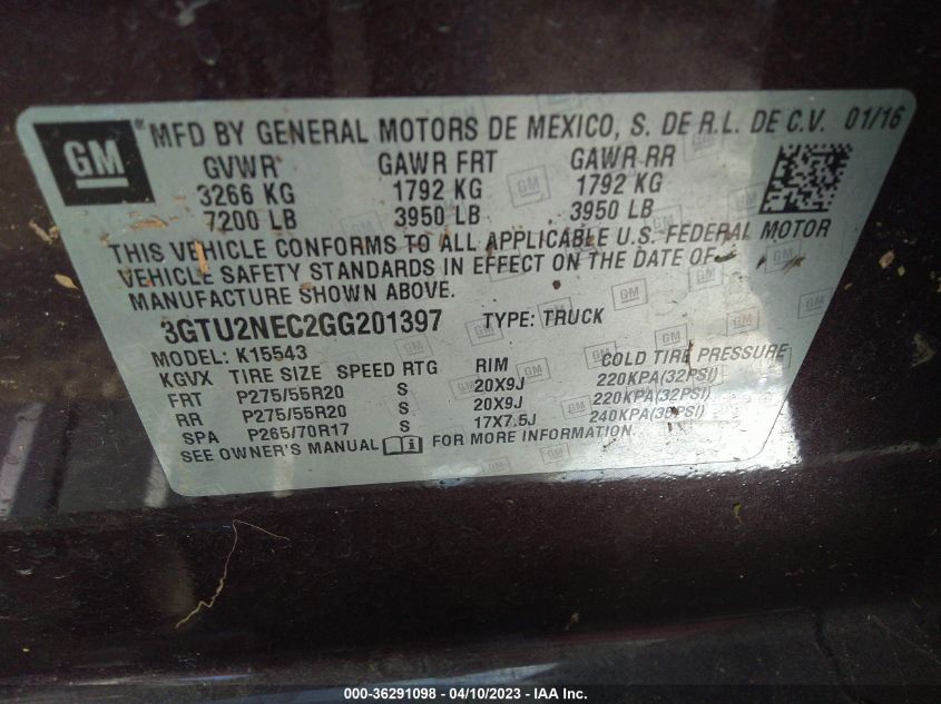 2016 GMC SIERRA 1500 SLT - 3GTU2NEC2GG201397