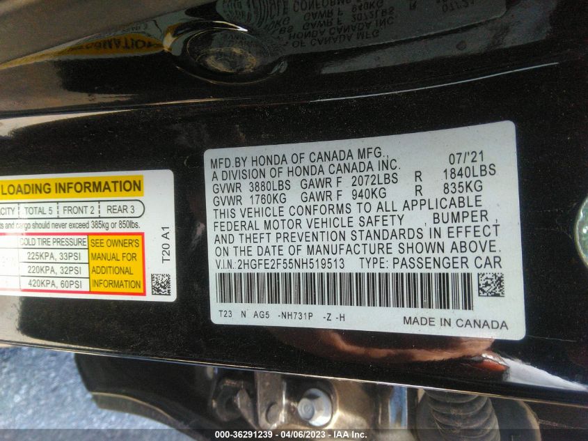 2022 HONDA CIVIC SEDAN SPORT - 2HGFE2F55NH519513